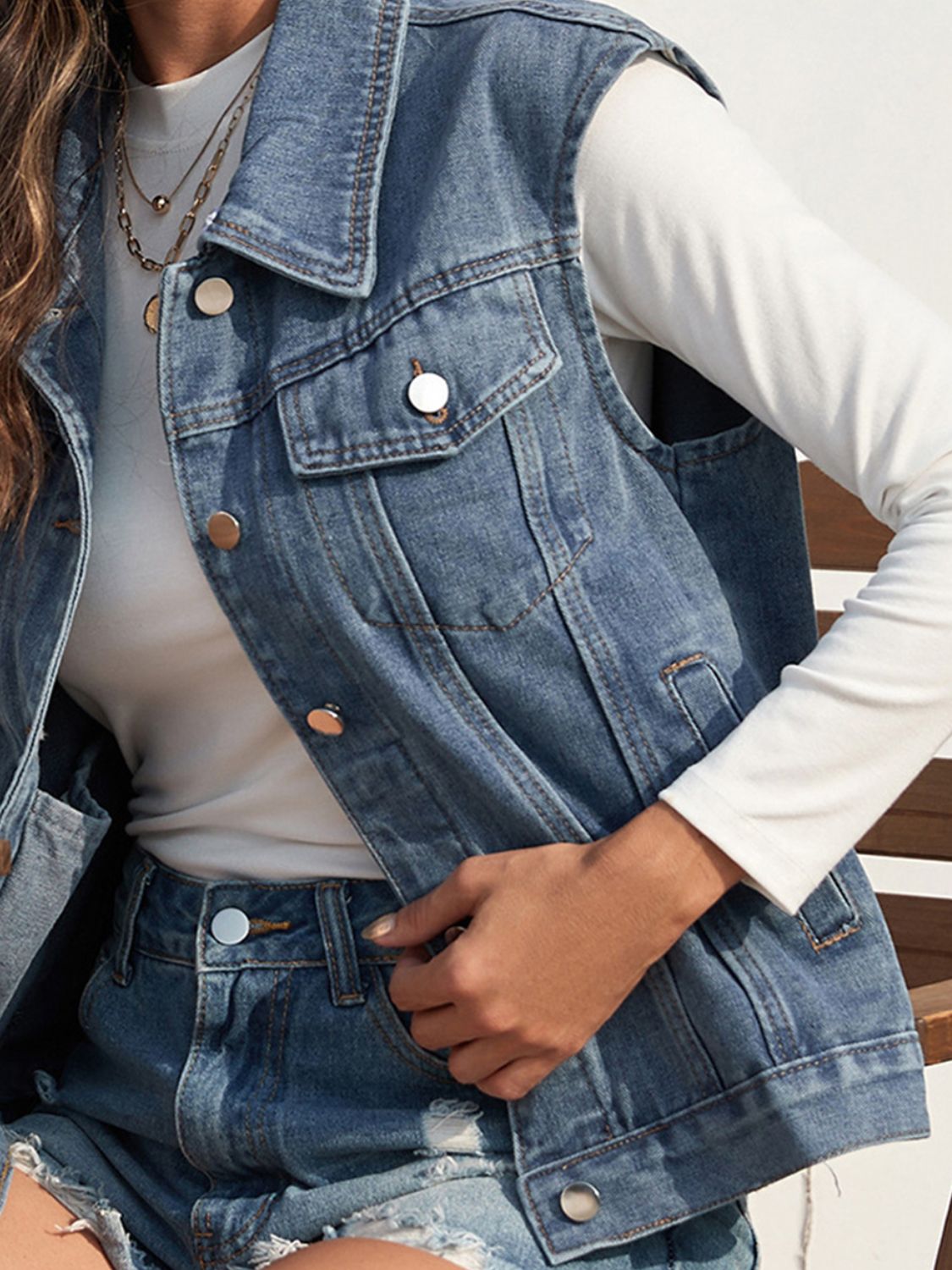 Collared Neck Sleeveless Denim Jacket - House of Binx