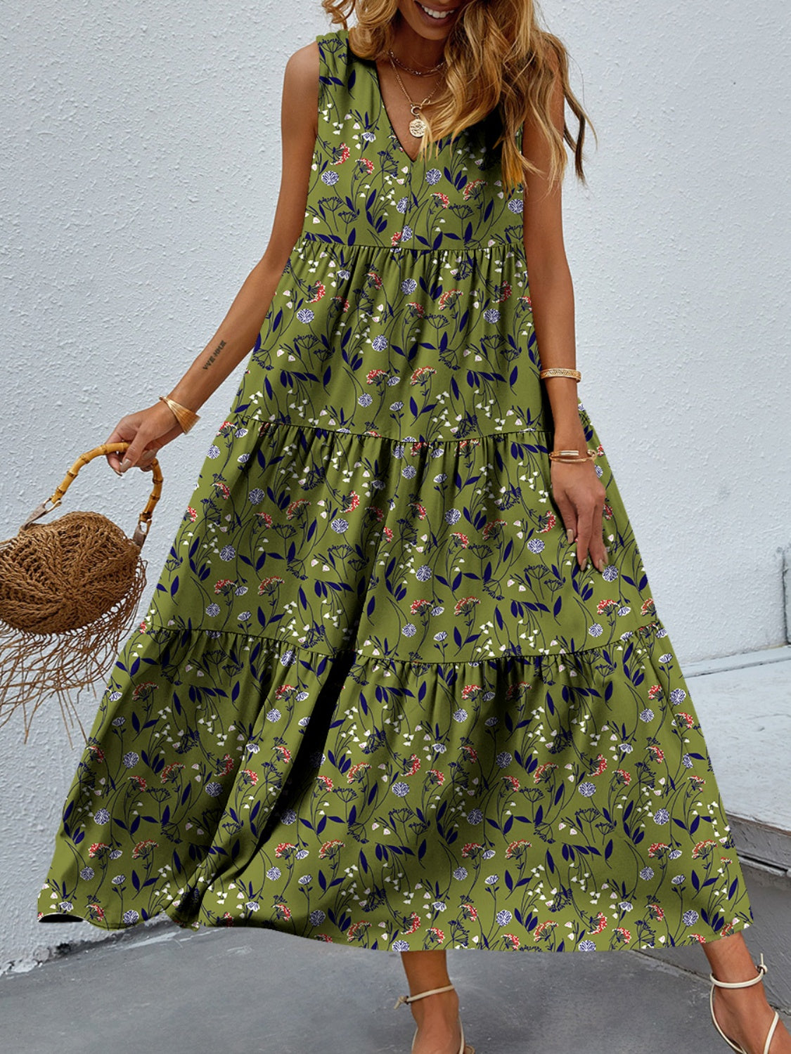 Tiered Printed V-Neck Sleeveless Dress - House of Binx