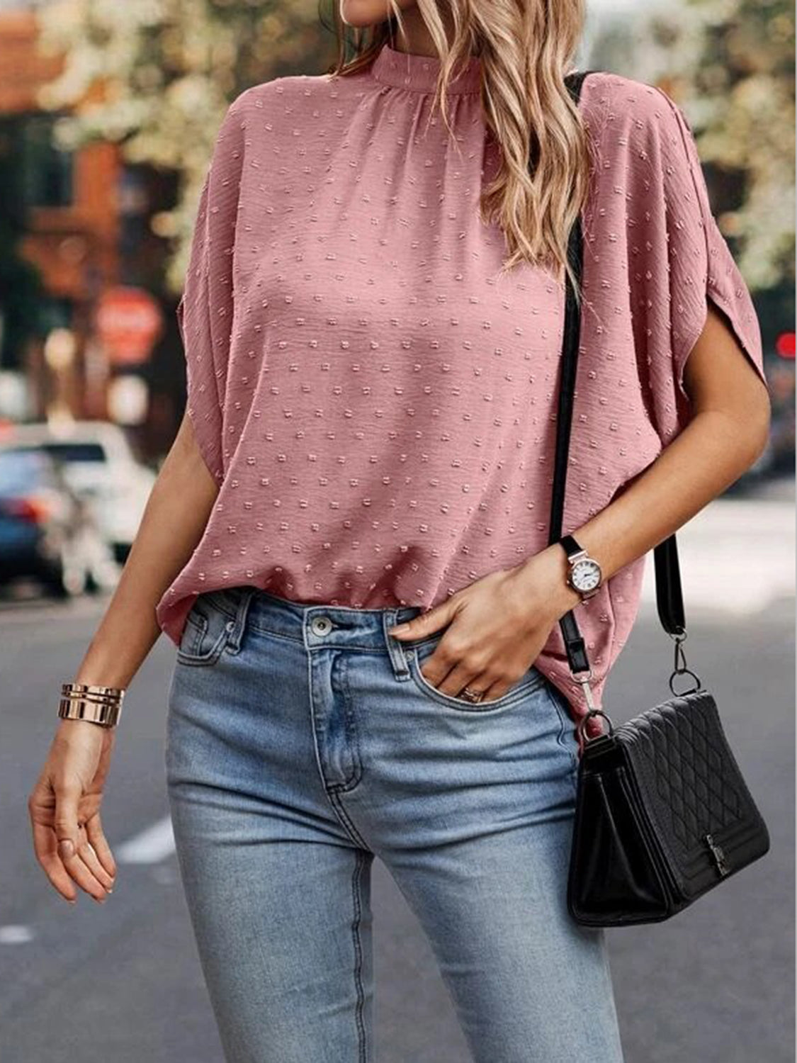 Swiss Dot Mock Neck Half Sleeve Blouse - House of Binx