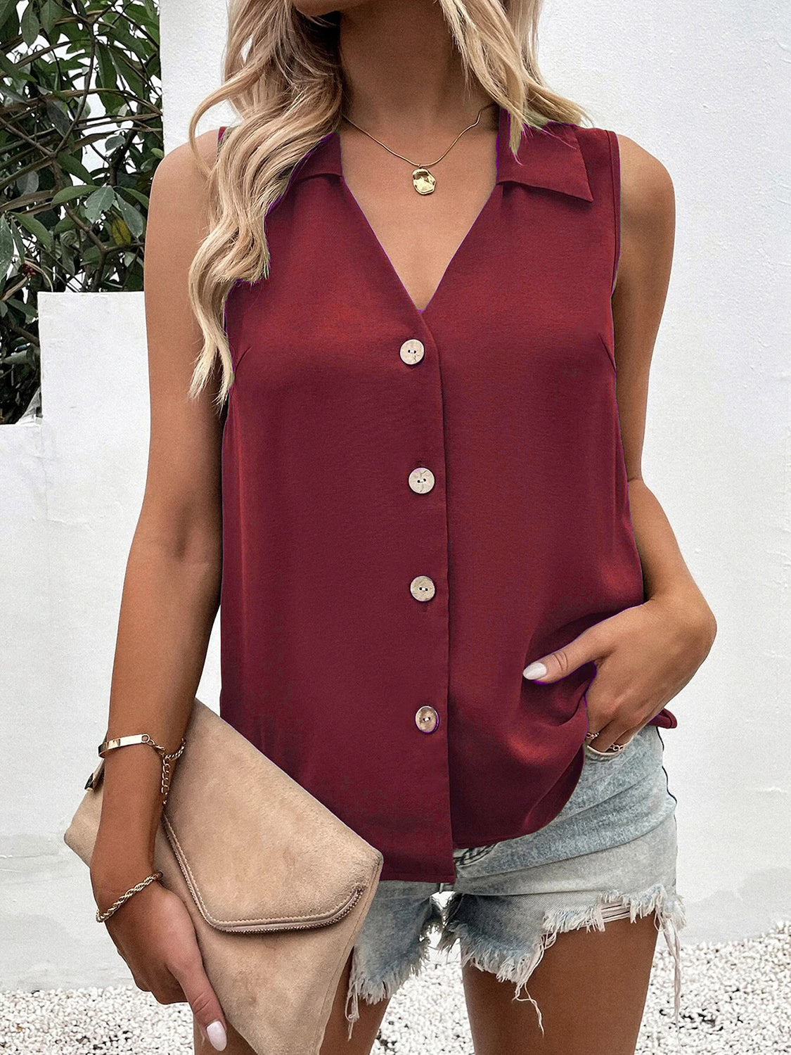 Full Size Johnny Collar Button Up Tank - House of Binx
