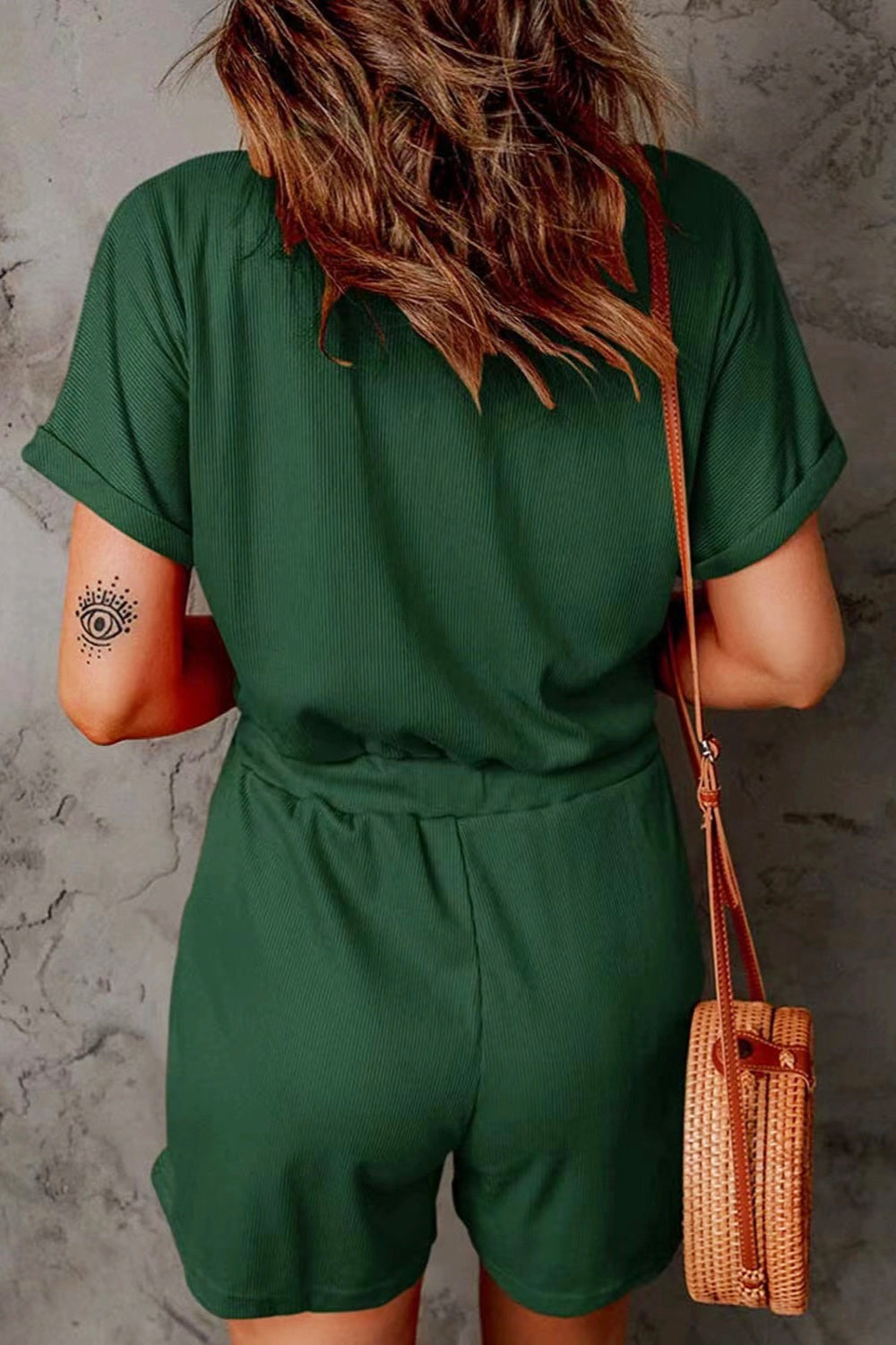 Full Size Drawstring V-Neck Short Sleeve Romper - House of Binx