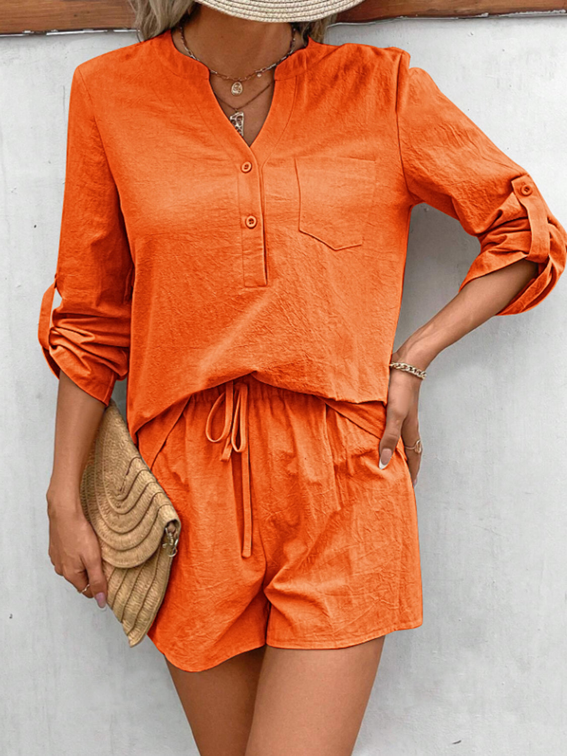 Notched Long Sleeve Top and Shorts Set - House of Binx