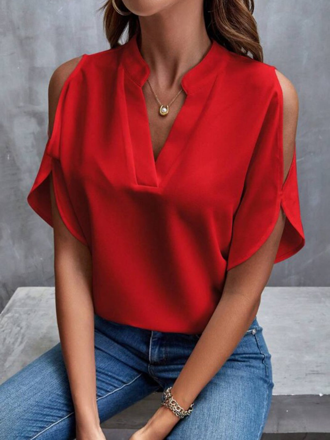 Notched Cold Shoulder Half Sleeve Blouse - House of Binx