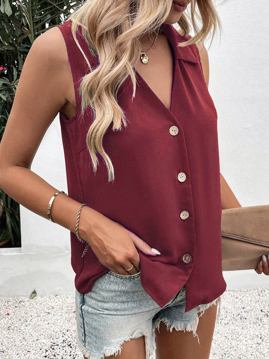 Full Size Johnny Collar Button Up Tank - House of Binx