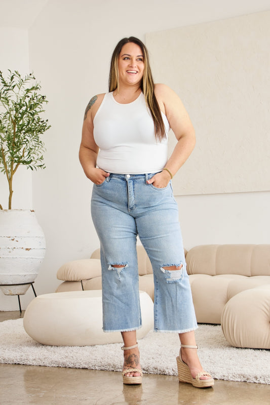 RFM Full Size Tummy Control High Waist Raw Hem Distressed Jeans - House of Binx