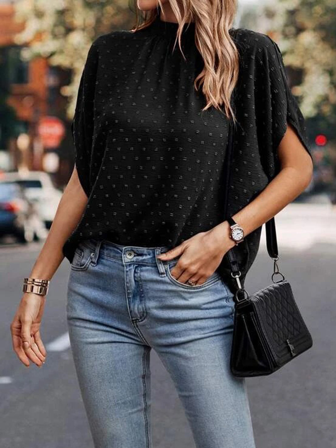 Swiss Dot Mock Neck Half Sleeve Blouse - House of Binx