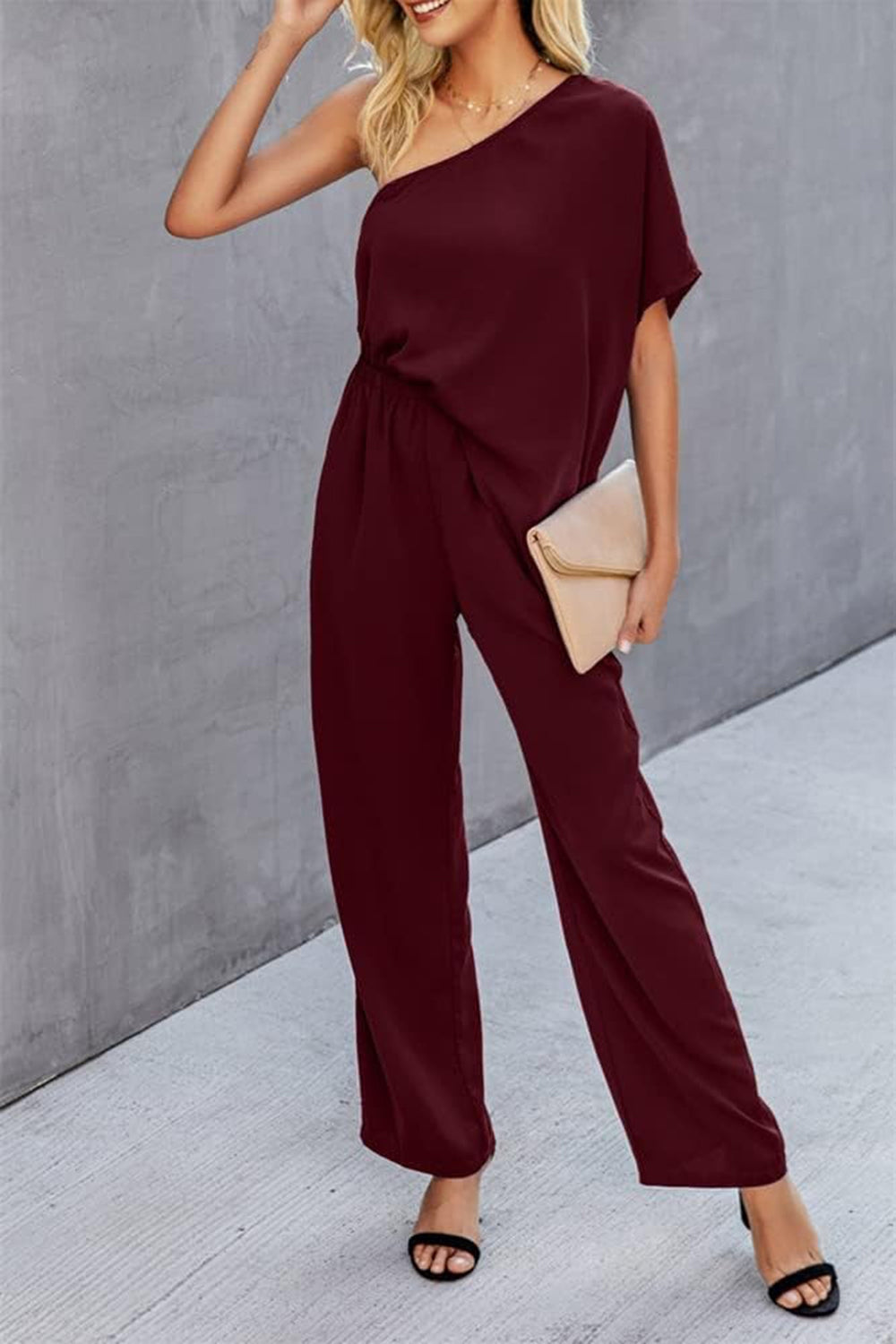 Single Shoulder Short Sleeve Jumpsuit - House of Binx