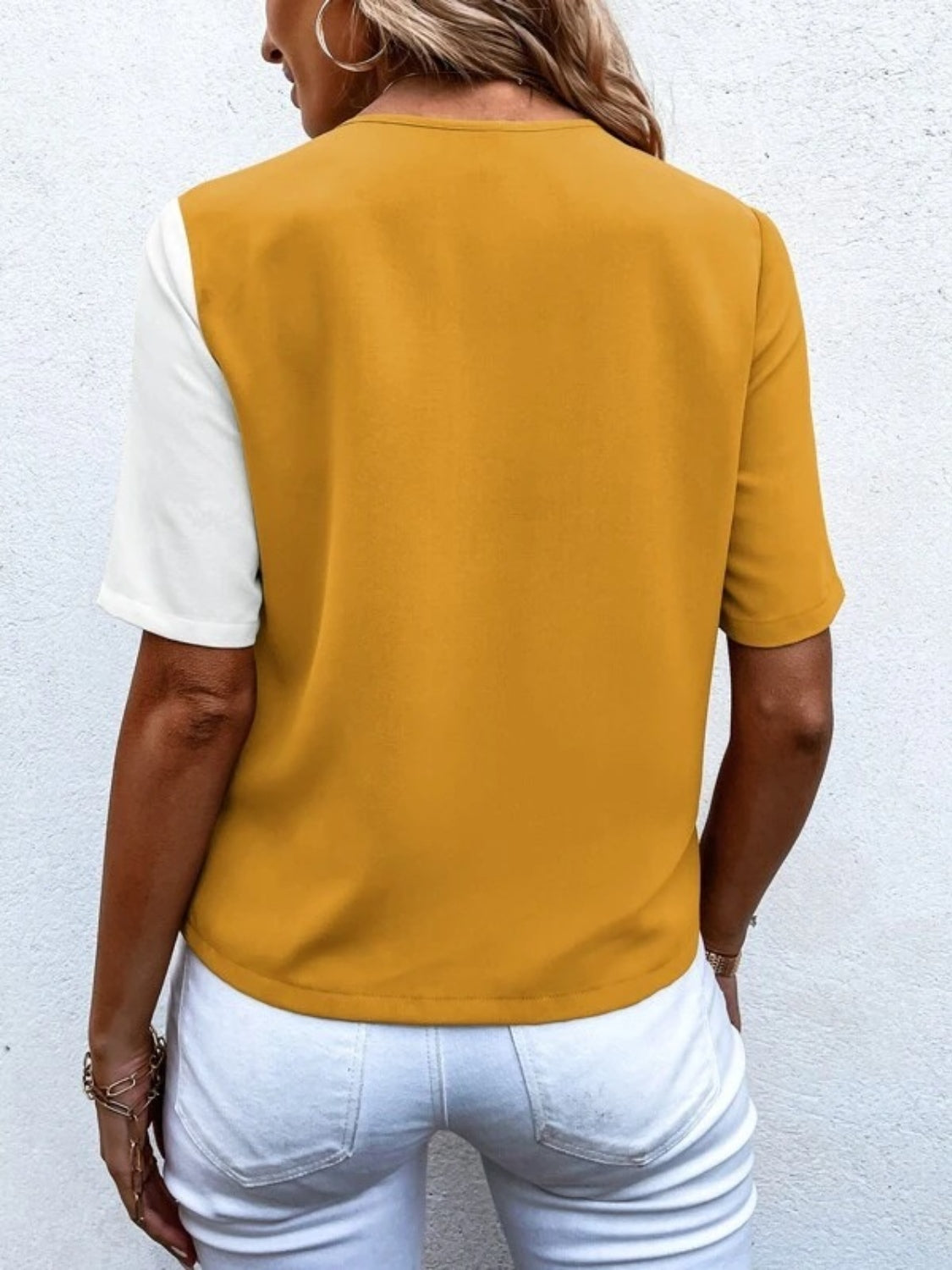 Decorative Button Surplice Short Sleeve Blouse - House of Binx