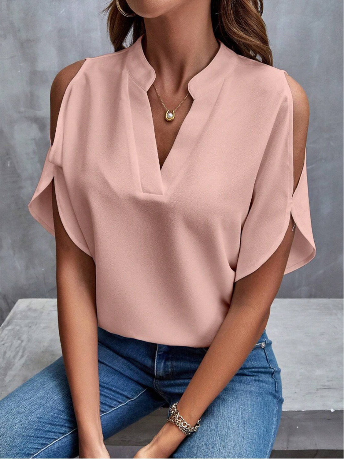 Notched Cold Shoulder Half Sleeve Blouse - House of Binx