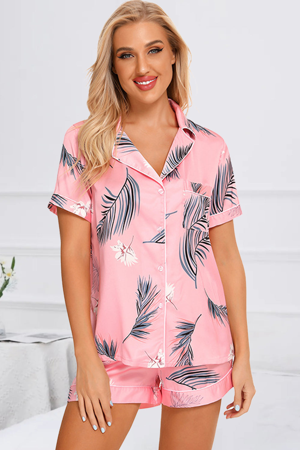 Printed Button Up Short Sleeve Top and Shorts Lounge Set - House of Binx