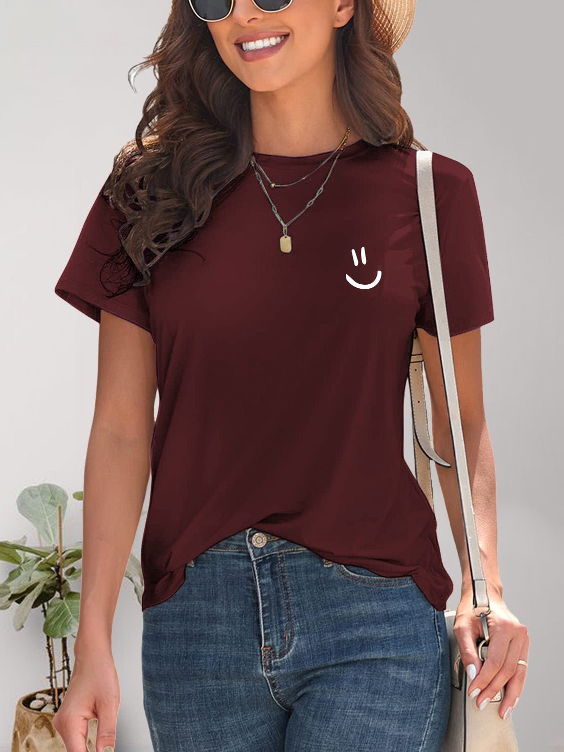 Smile Graphic Round Neck Short Sleeve T-Shirt - House of Binx