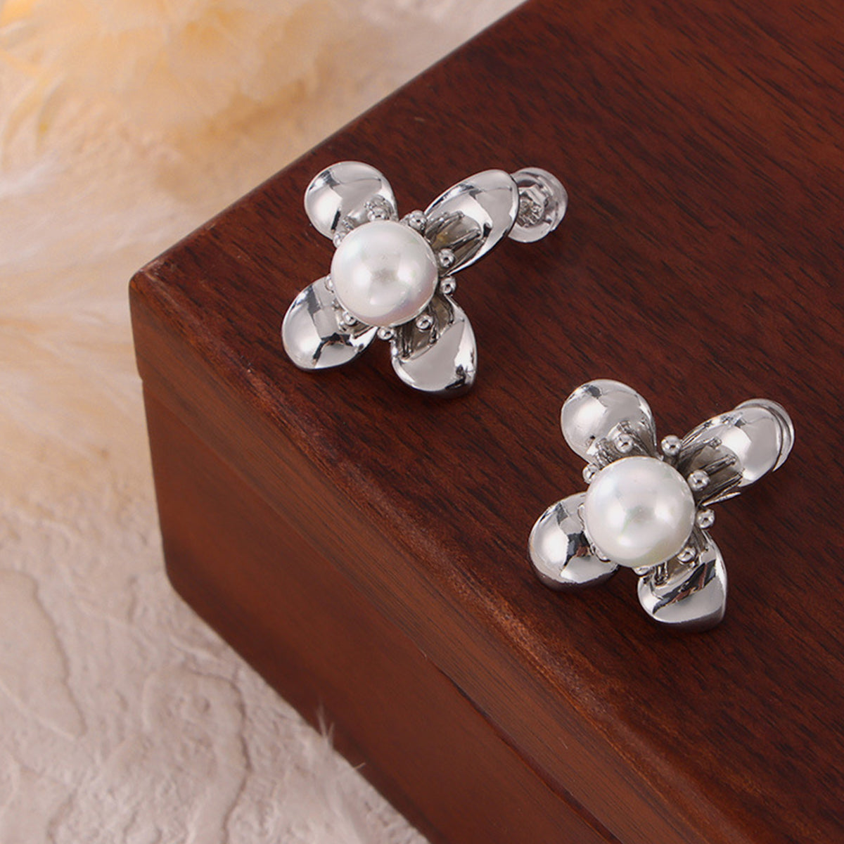 Synthetic Pearl Titanium Steel Flower Earrings - House of Binx