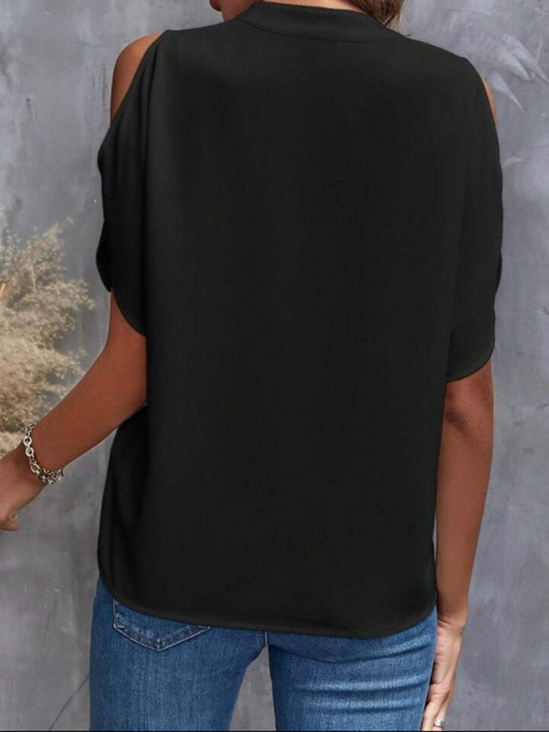 Notched Cold Shoulder Half Sleeve Blouse - House of Binx