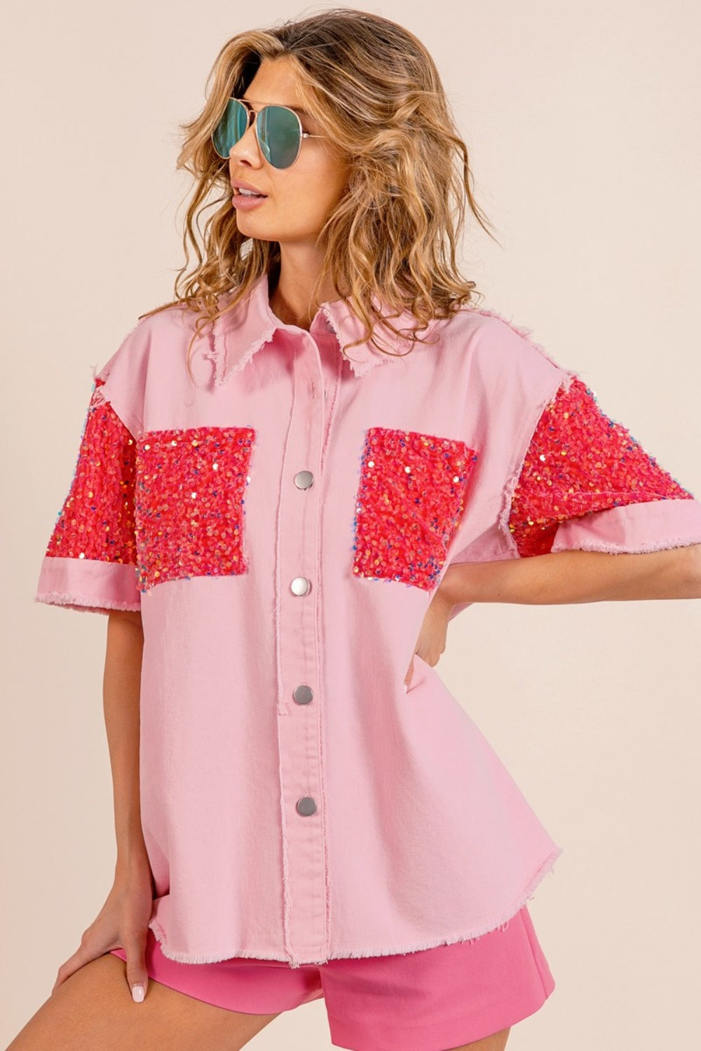 BiBi Sequin Detail Raw Hem Short Sleeve Shirt - House of Binx
