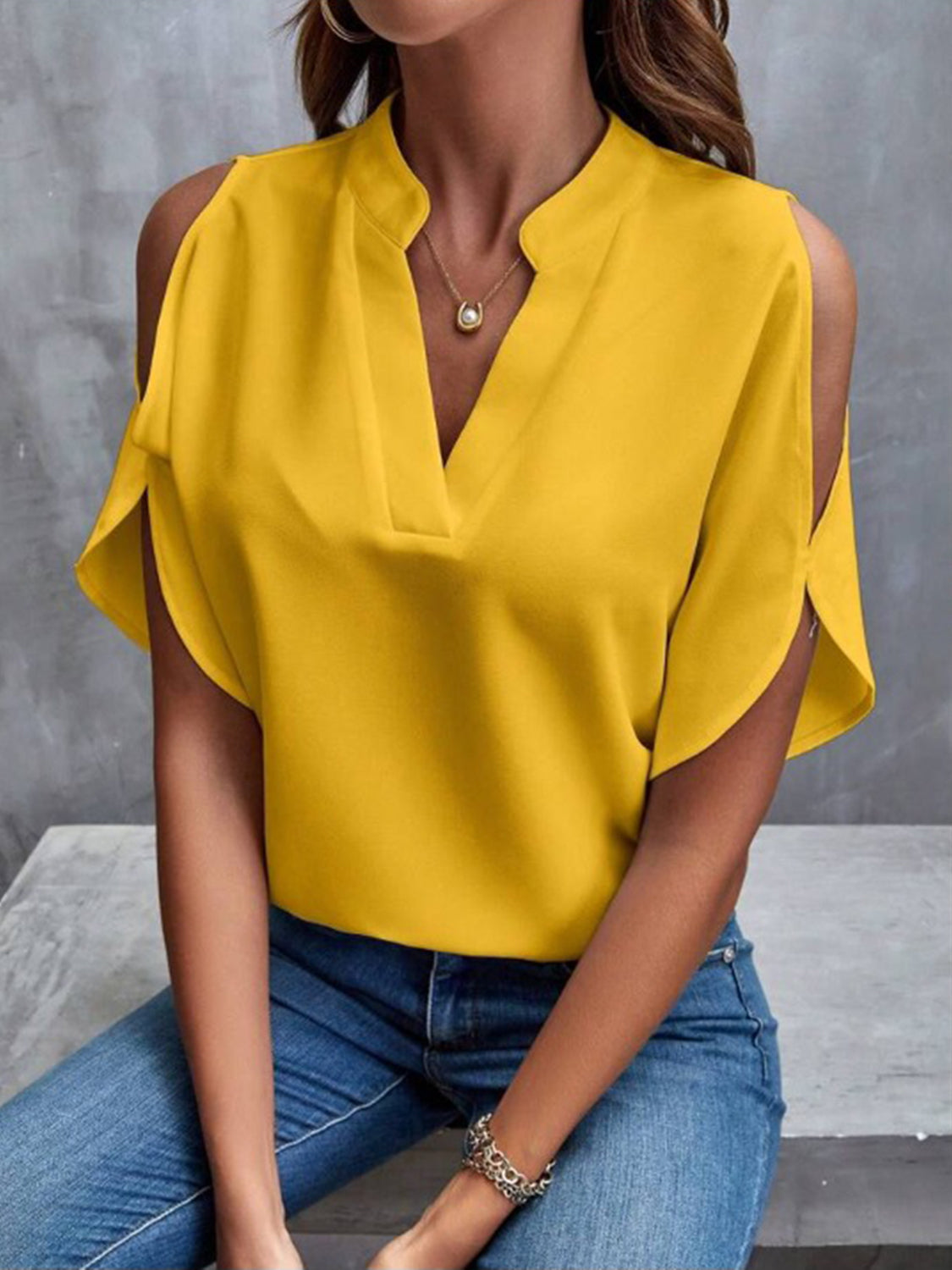 Notched Cold Shoulder Half Sleeve Blouse - House of Binx