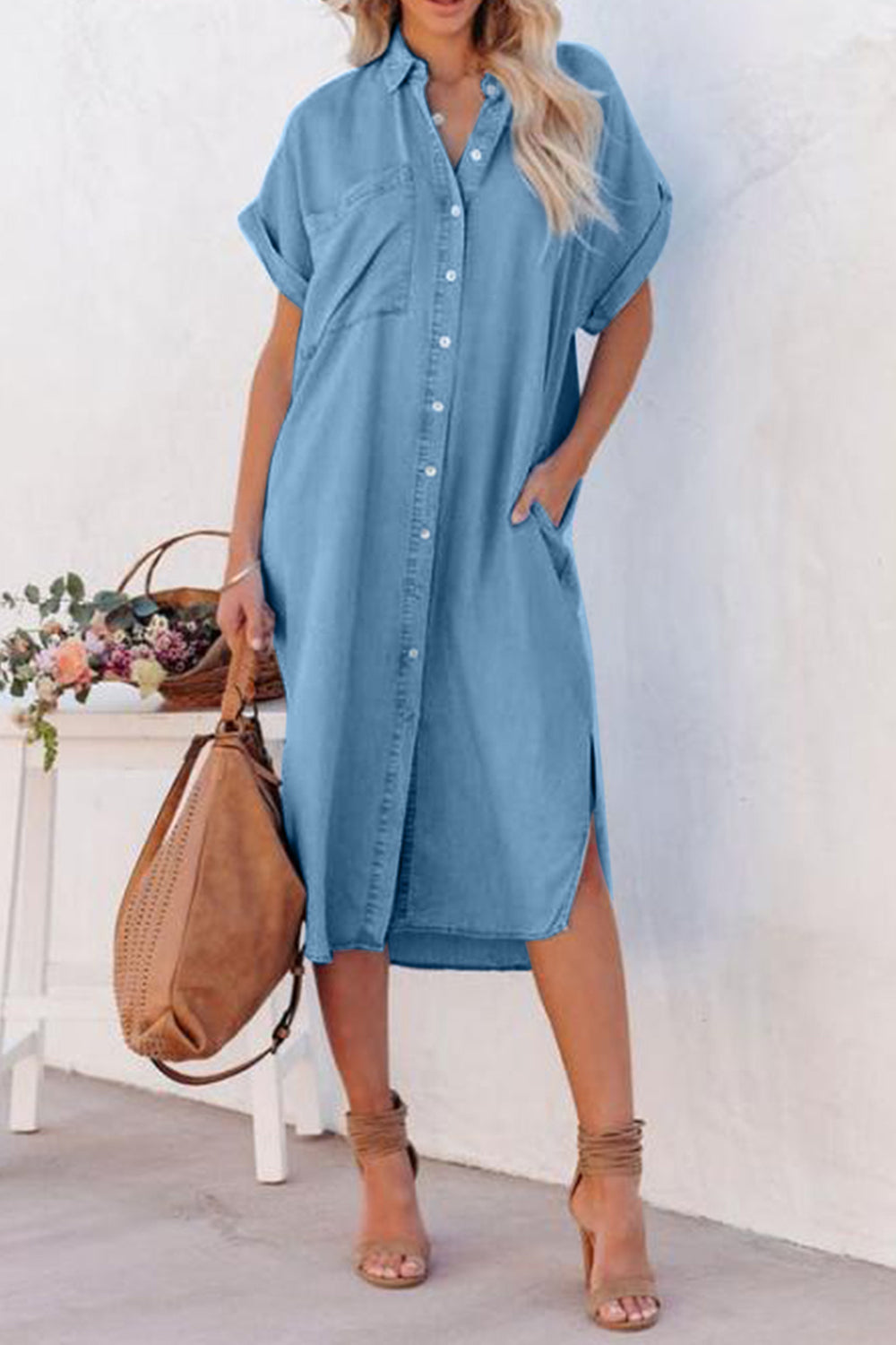 Slit Button Up Short Sleeve Imitation Denim Dress - House of Binx