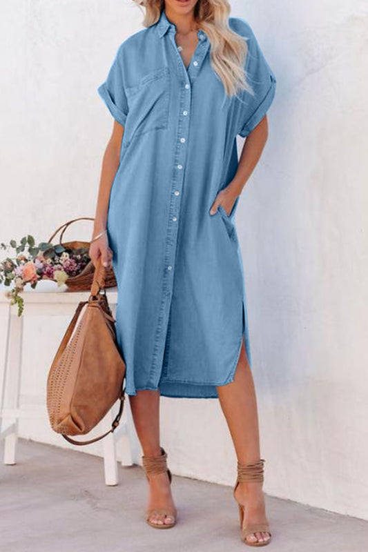 Slit Button Up Short Sleeve Imitation Denim Dress - House of Binx