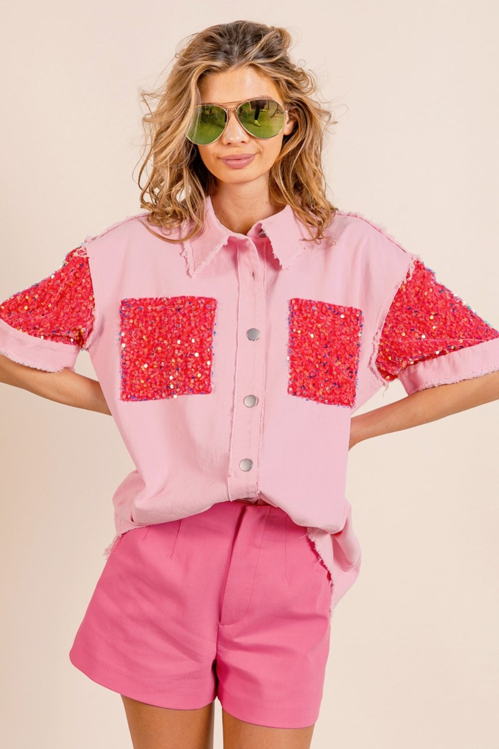 BiBi Sequin Detail Raw Hem Short Sleeve Shirt - House of Binx