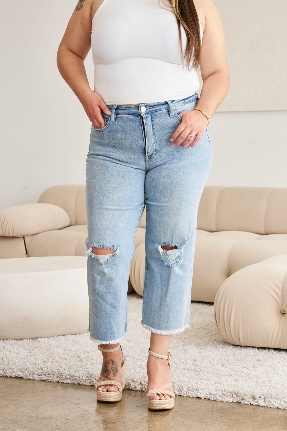 RFM Full Size Tummy Control High Waist Raw Hem Distressed Jeans - House of Binx