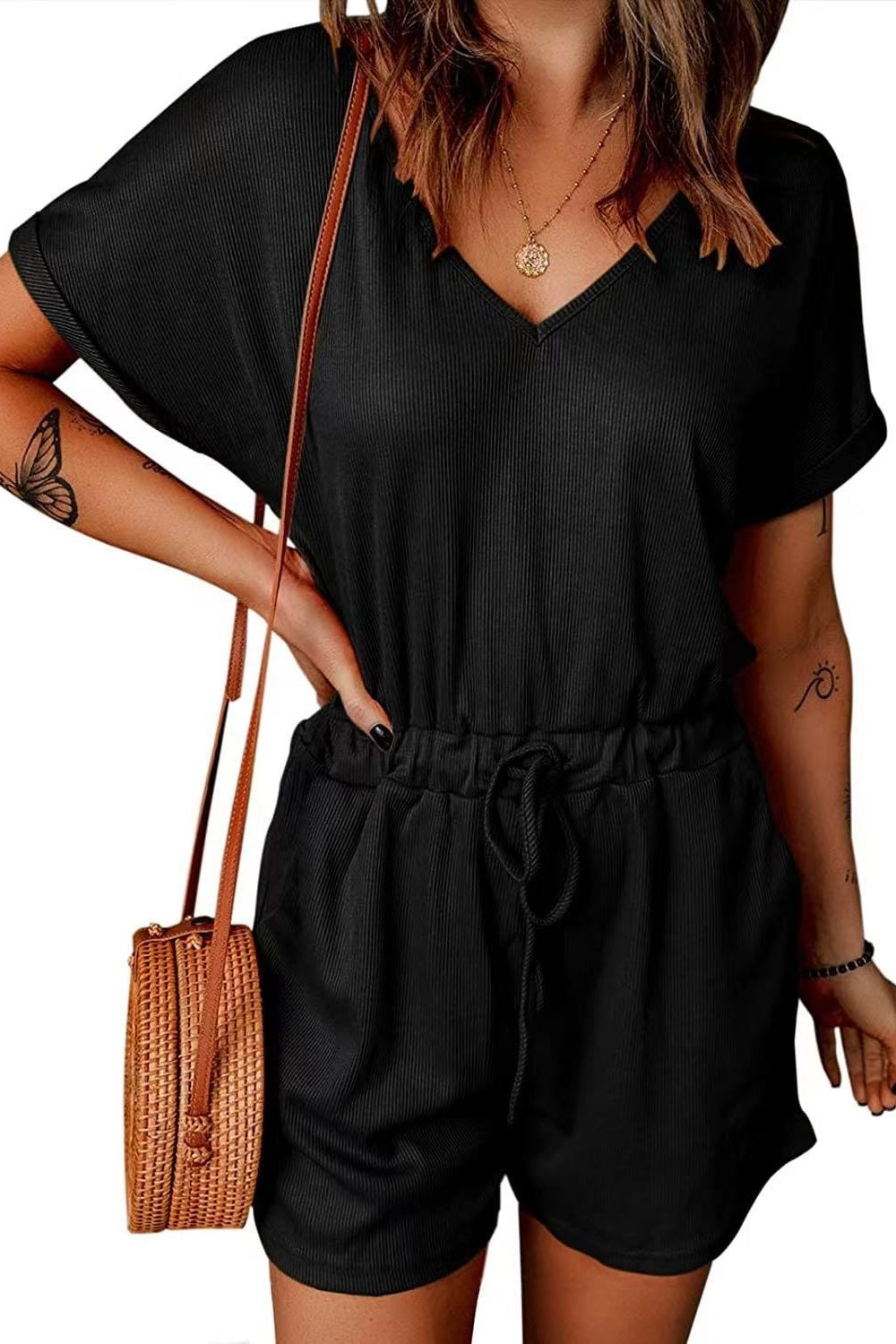 Full Size Drawstring V-Neck Short Sleeve Romper - House of Binx