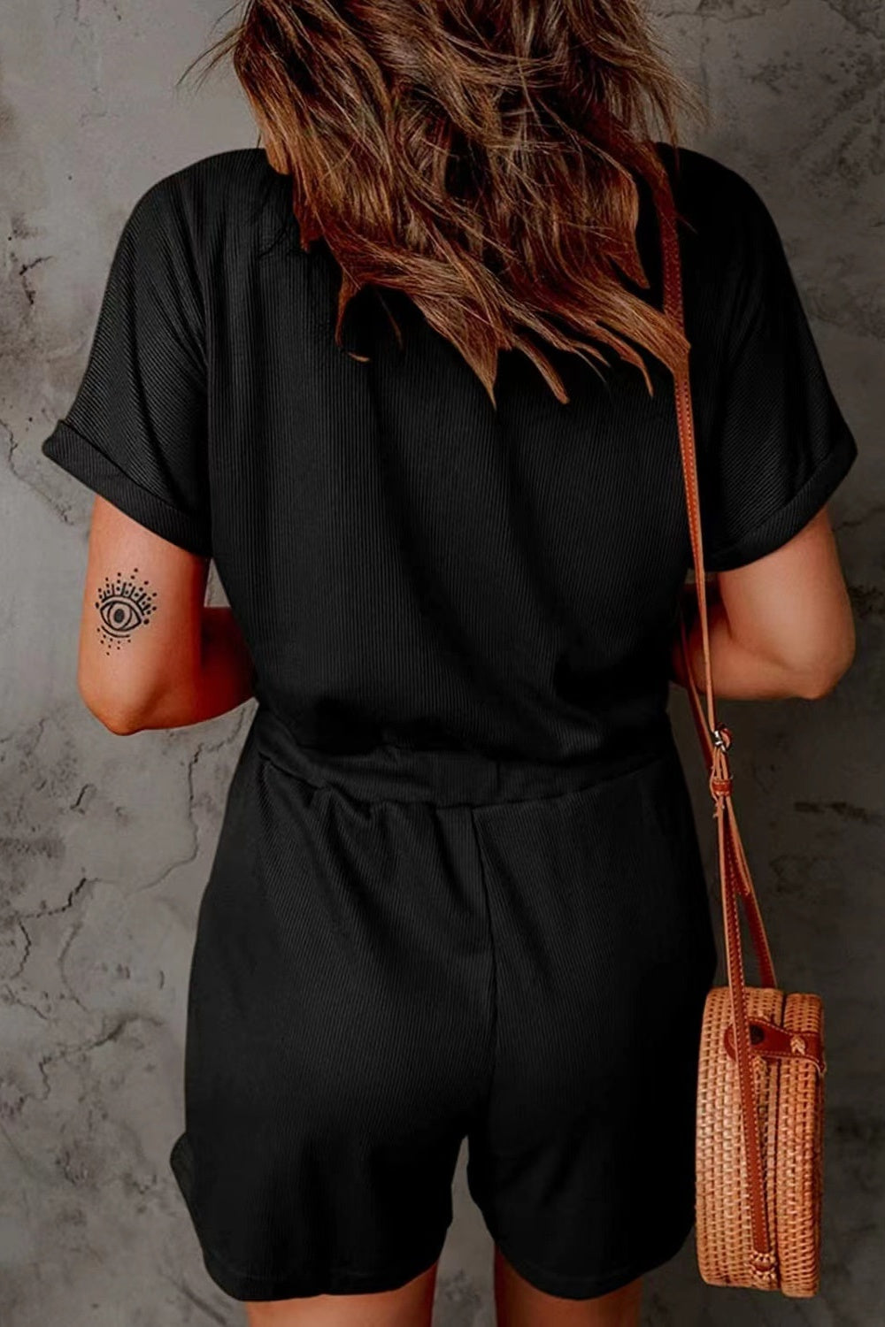 Full Size Drawstring V-Neck Short Sleeve Romper - House of Binx