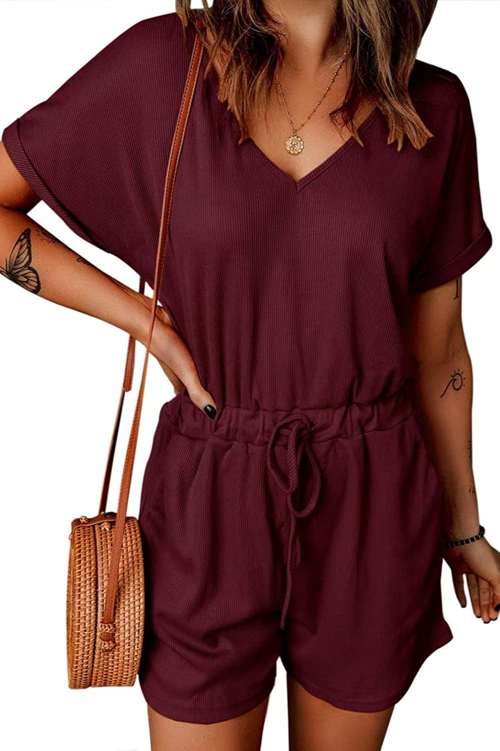 Full Size Drawstring V-Neck Short Sleeve Romper - House of Binx