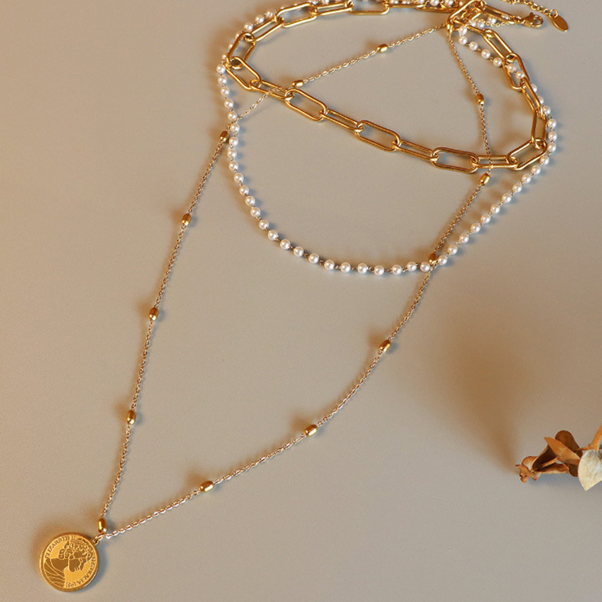 Synthetic Pearl Titanium Steel Three-Layered Necklace - House of Binx