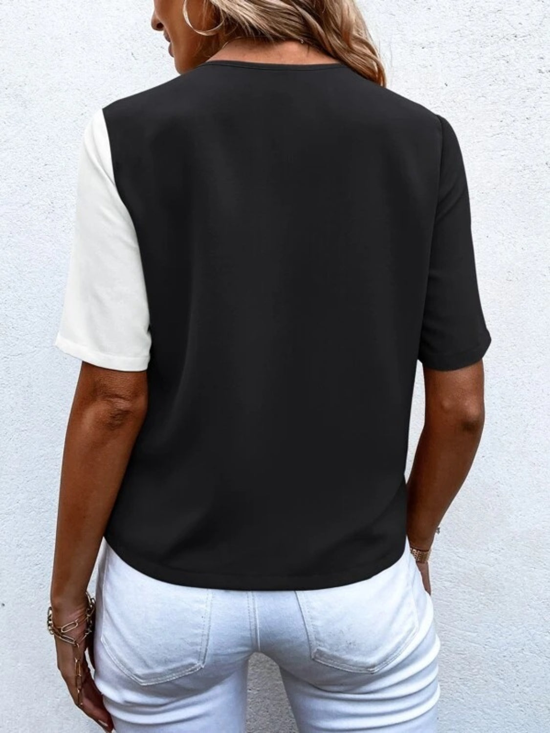 Decorative Button Surplice Short Sleeve Blouse - House of Binx
