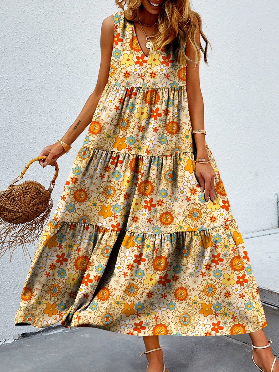 Tiered Printed V-Neck Sleeveless Dress - House of Binx
