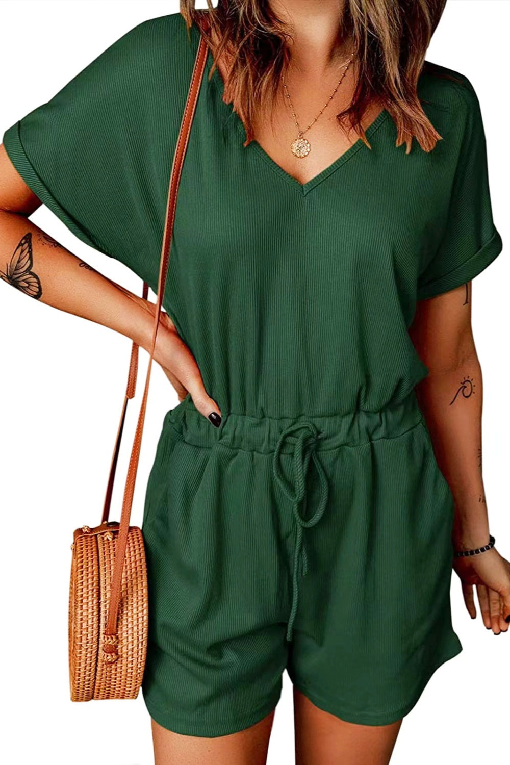 Full Size Drawstring V-Neck Short Sleeve Romper - House of Binx