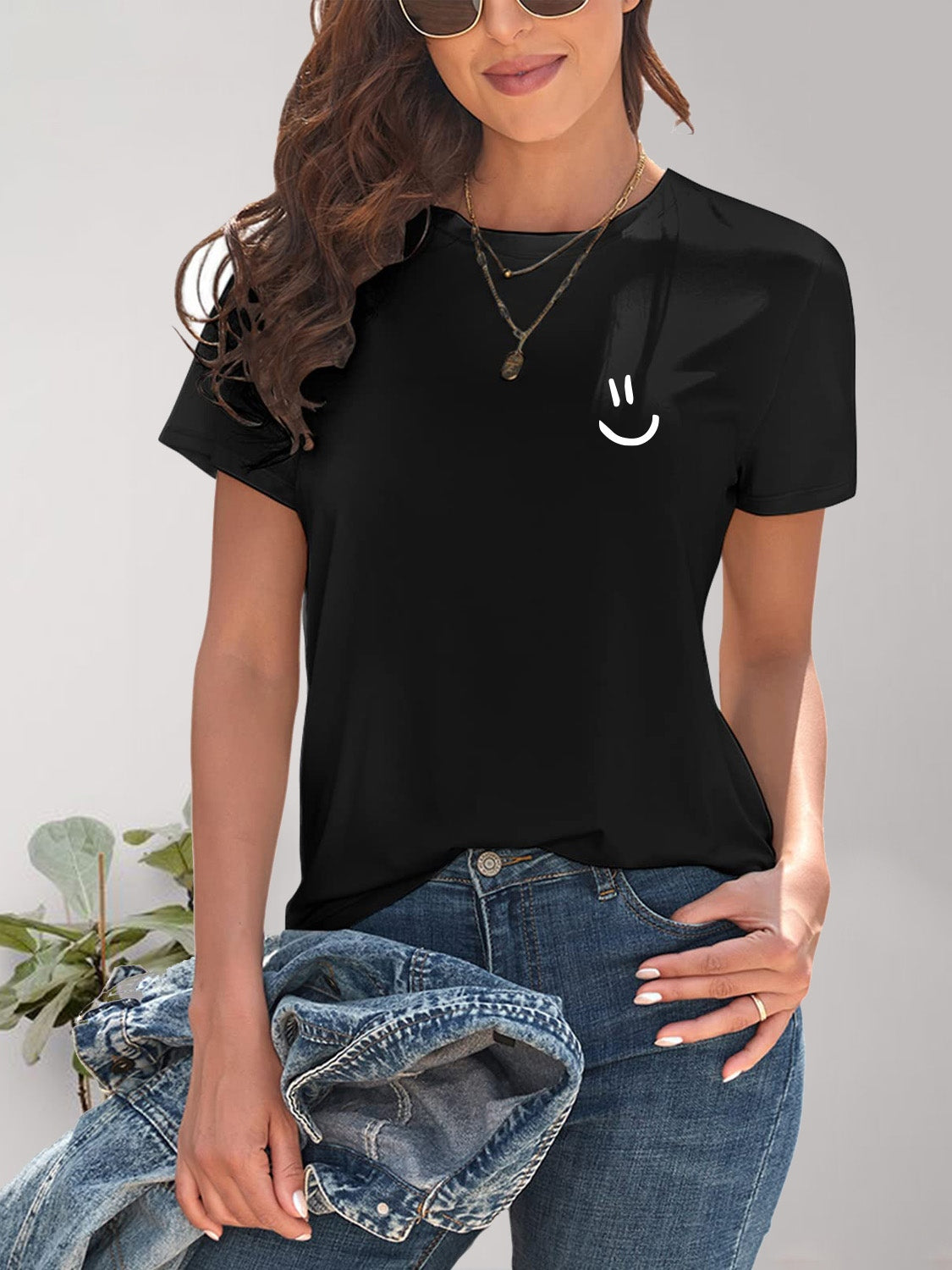 Smile Graphic Round Neck Short Sleeve T-Shirt - House of Binx
