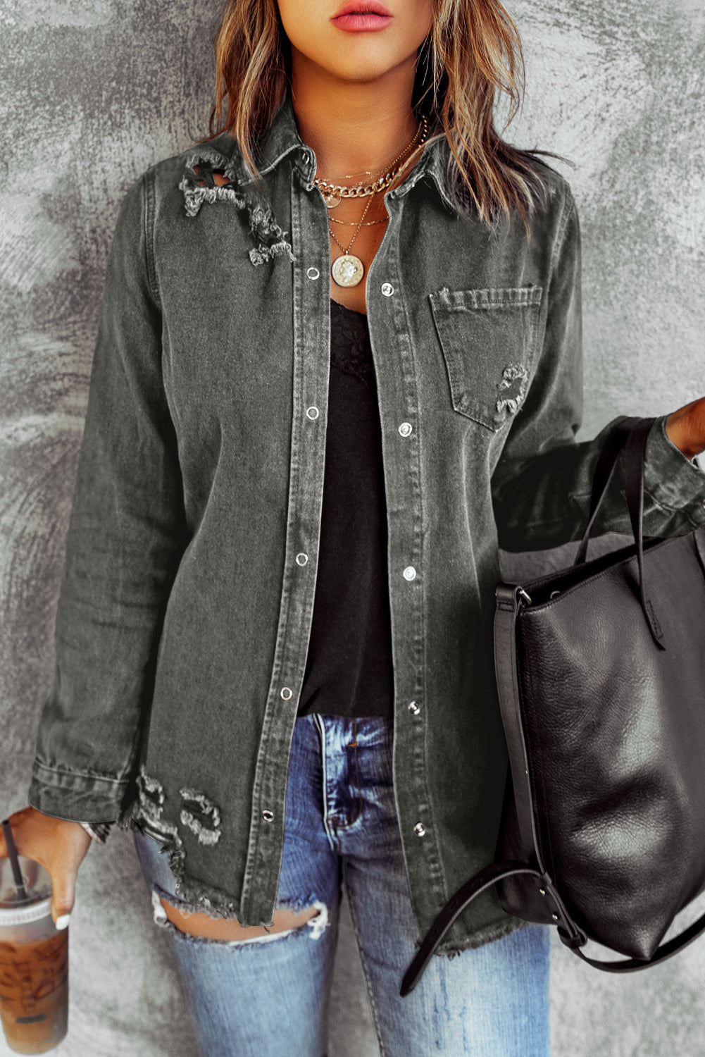 Distressed Raw Hem Snap Down Denim Jacket - House of Binx