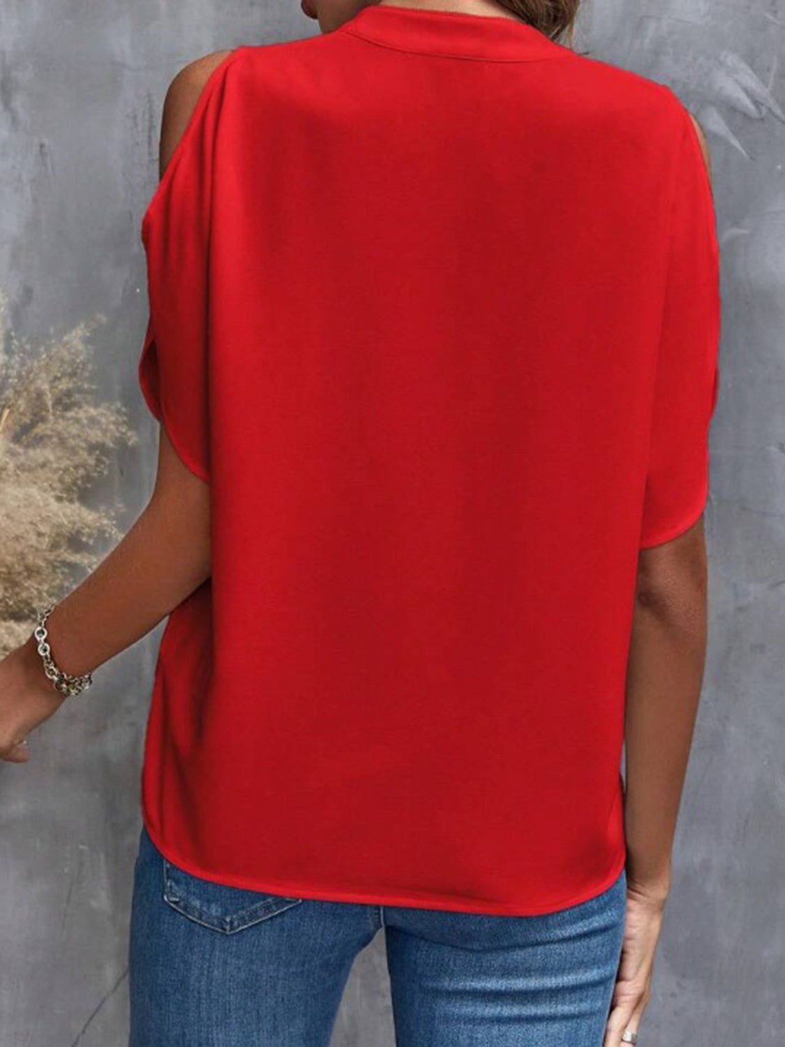 Notched Cold Shoulder Half Sleeve Blouse - House of Binx