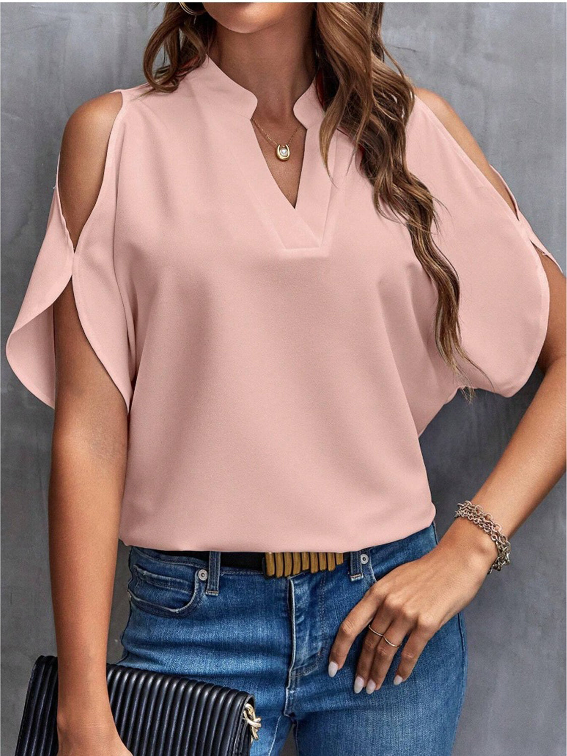 Notched Cold Shoulder Half Sleeve Blouse - House of Binx