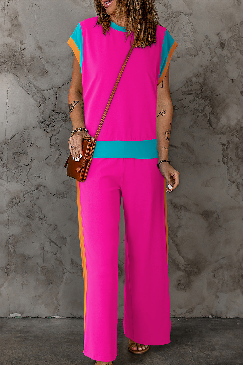 Contrast Round Neck Top and Pants Set - House of Binx