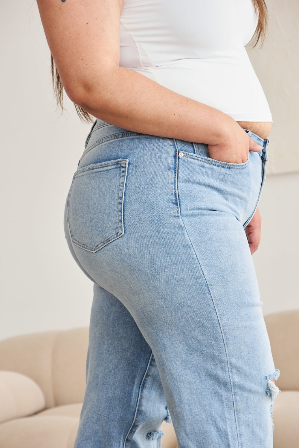 RFM Full Size Tummy Control High Waist Raw Hem Distressed Jeans - House of Binx