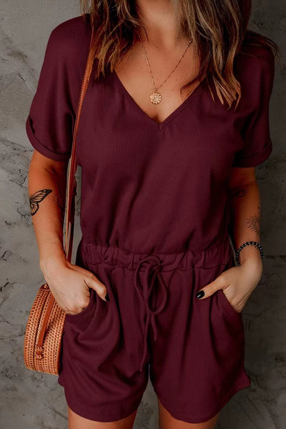 Full Size Drawstring V-Neck Short Sleeve Romper - House of Binx