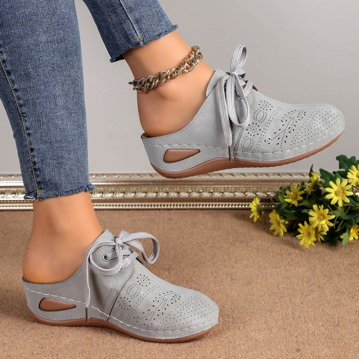 Lace-Up Round Toe Wedge Sandals - House of Binx