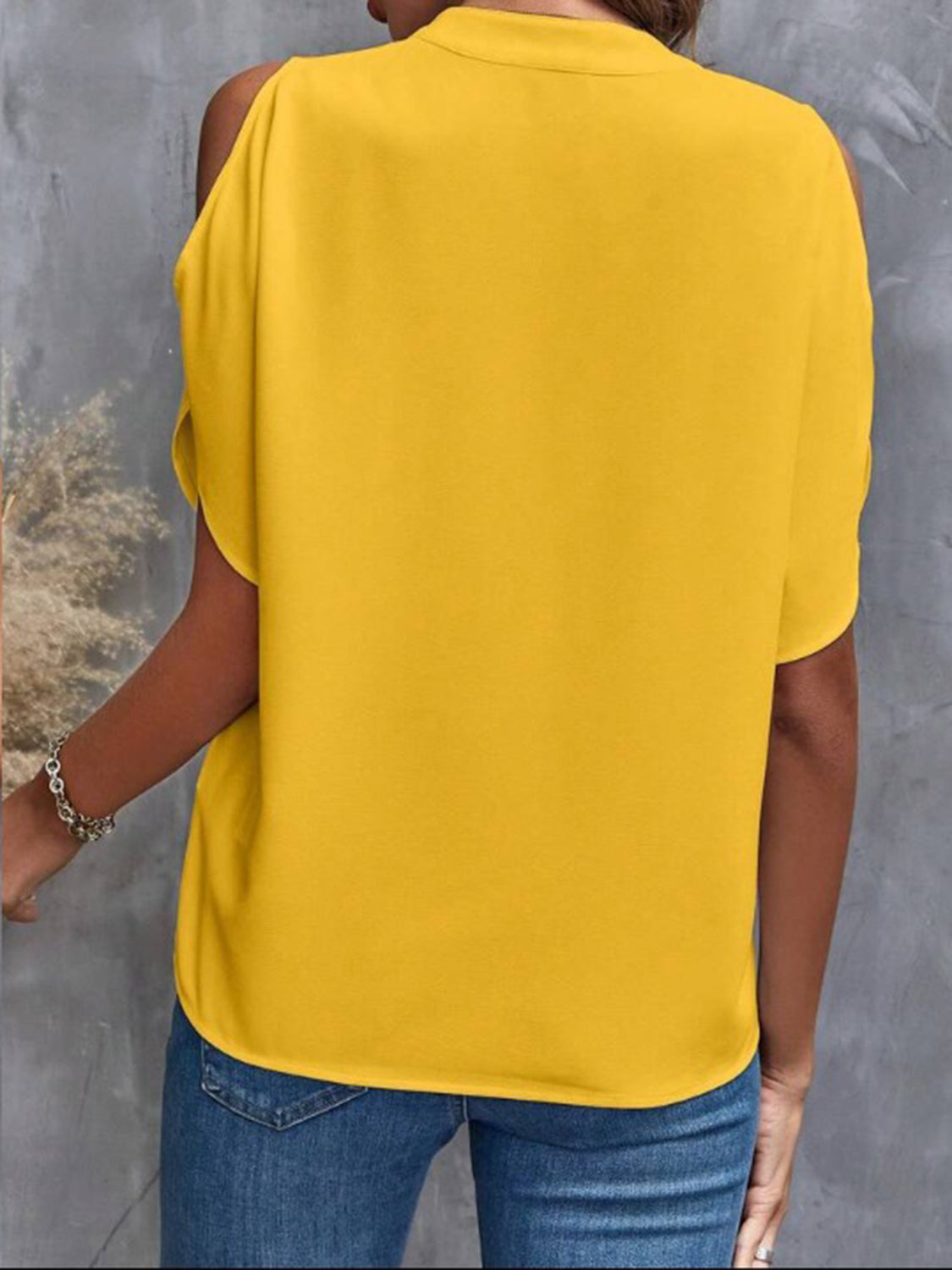 Notched Cold Shoulder Half Sleeve Blouse - House of Binx