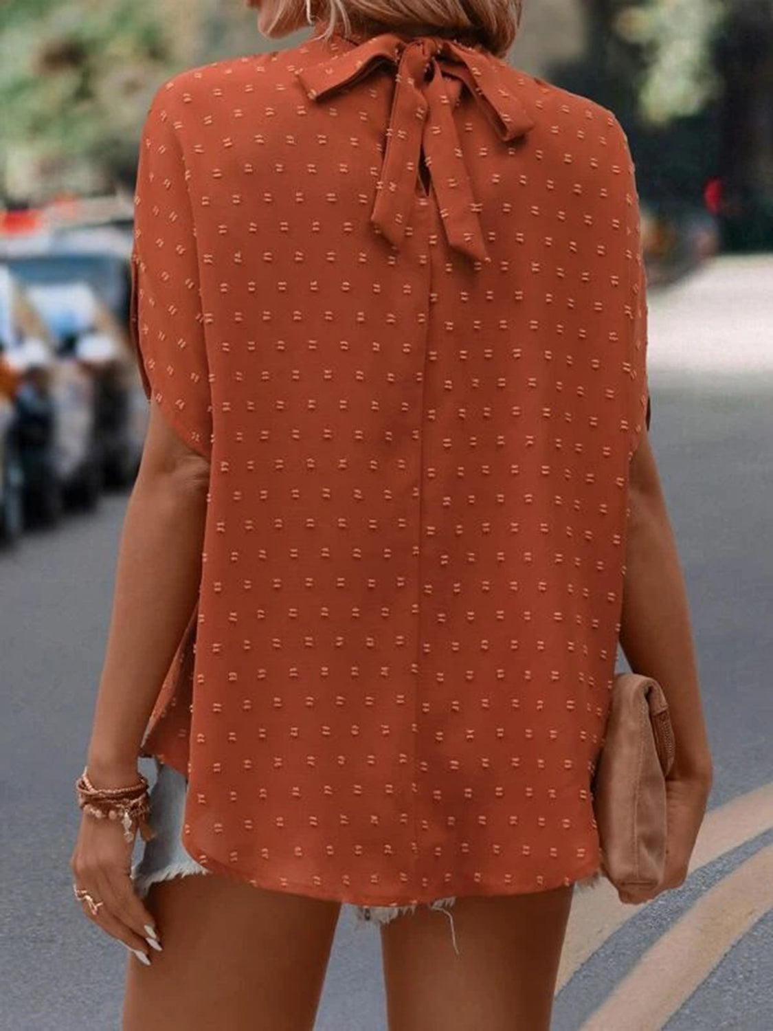 Swiss Dot Mock Neck Half Sleeve Blouse - House of Binx