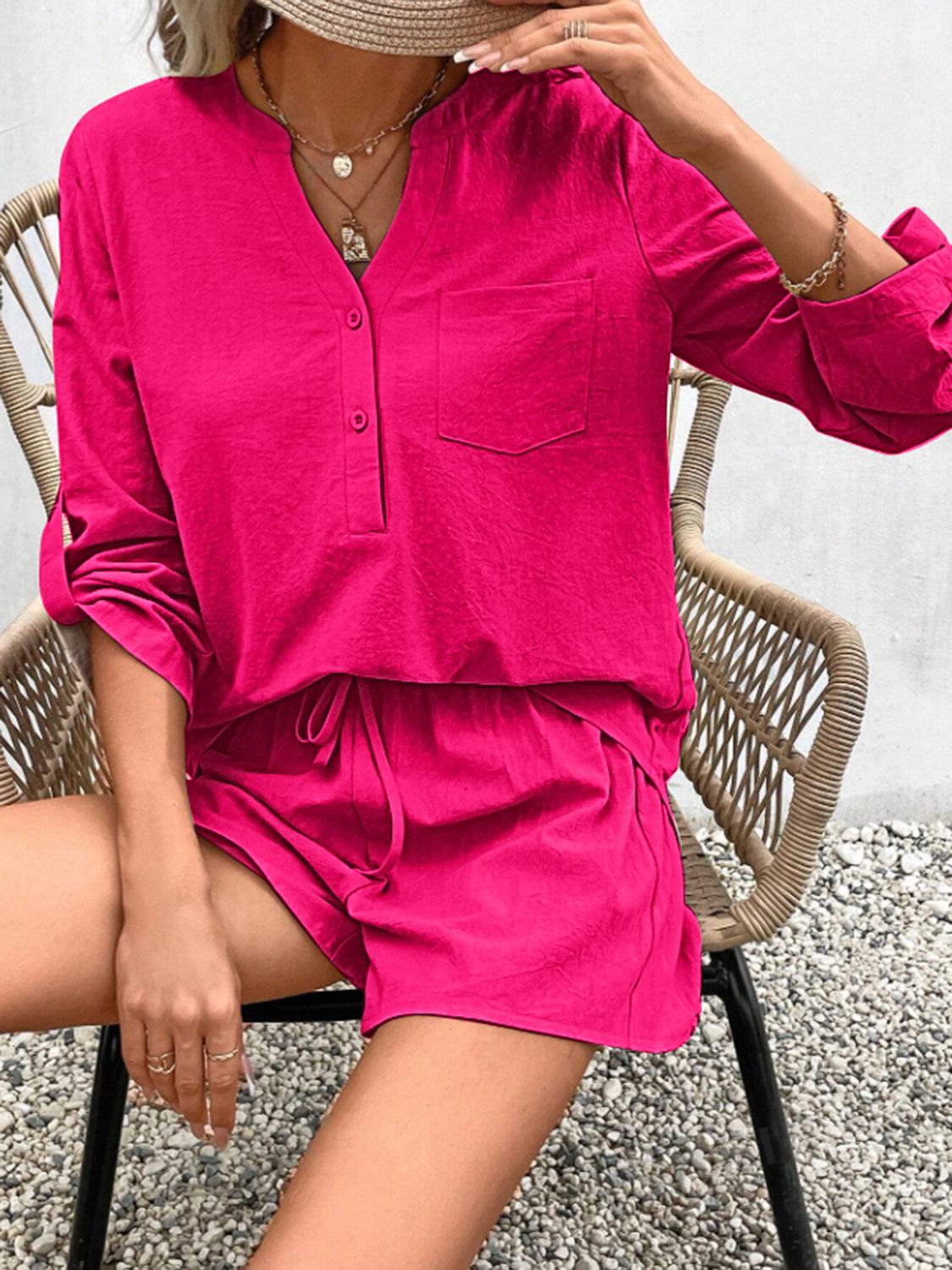 Notched Long Sleeve Top and Shorts Set - House of Binx