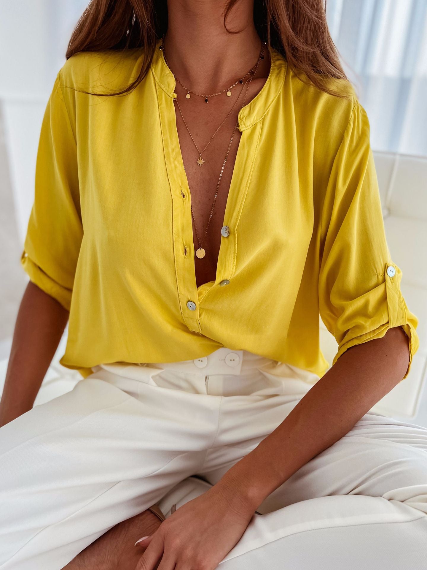 Half Button Notched Half Sleeve Blouse - House of Binx