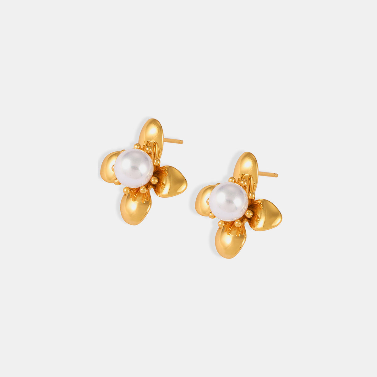Synthetic Pearl Titanium Steel Flower Earrings - House of Binx