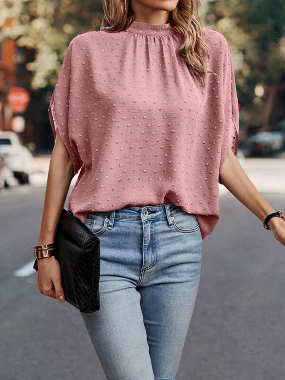 Swiss Dot Mock Neck Half Sleeve Blouse - House of Binx