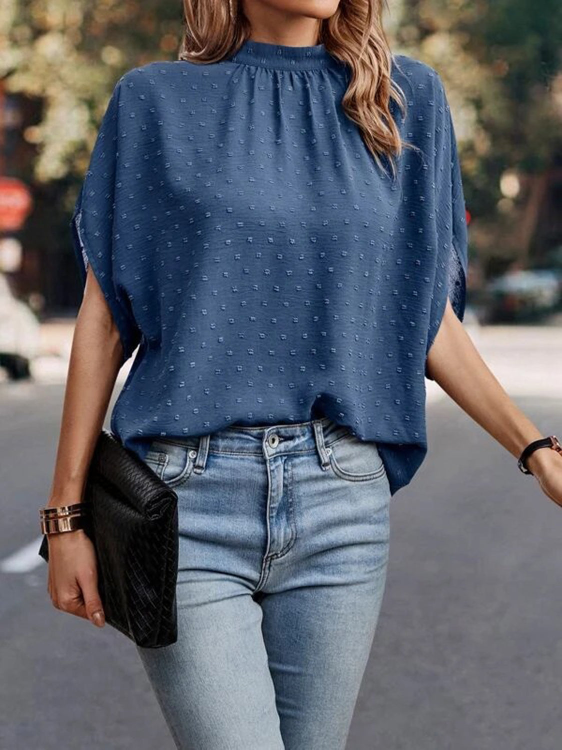 Swiss Dot Mock Neck Half Sleeve Blouse - House of Binx