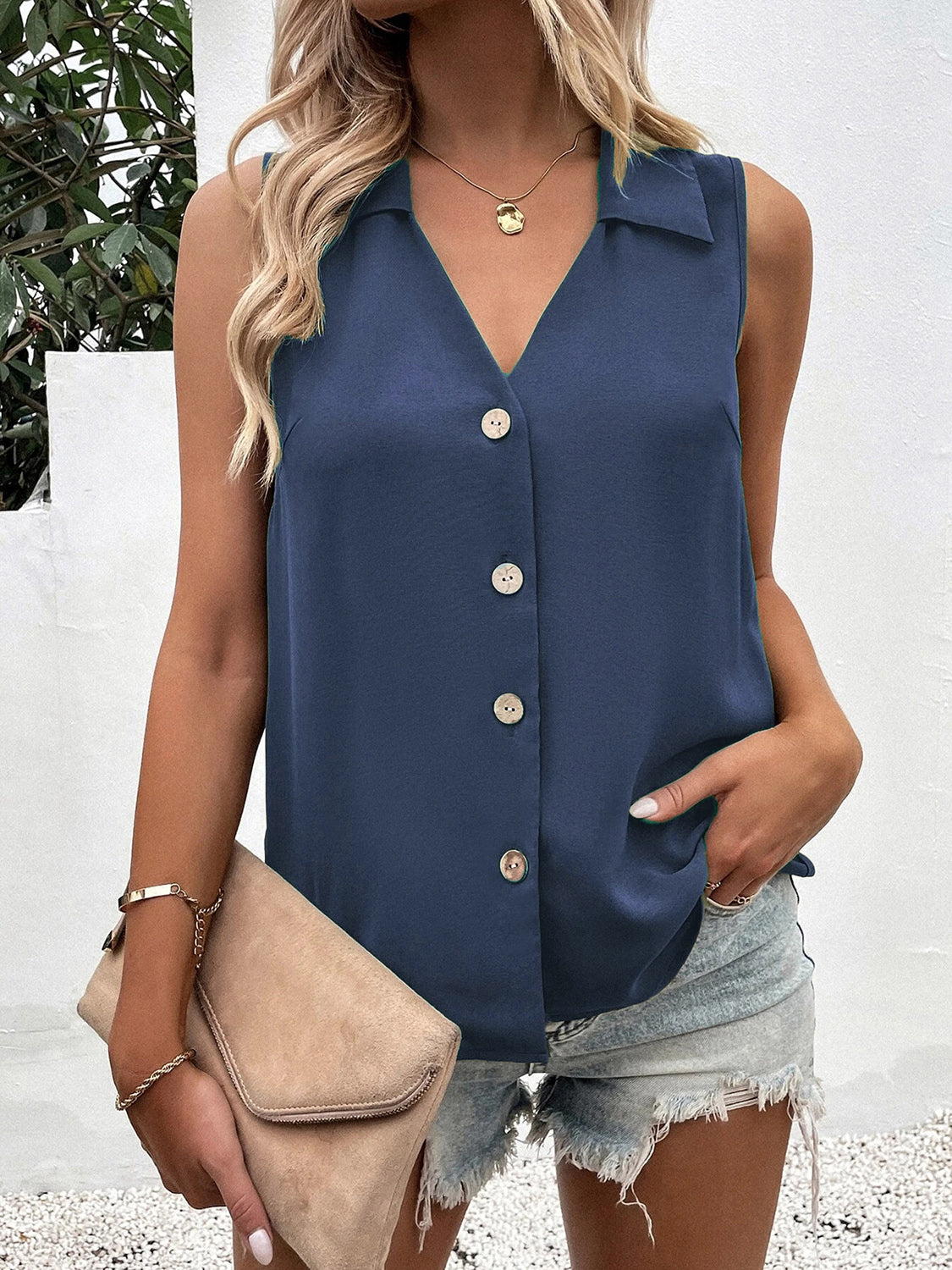 Full Size Johnny Collar Button Up Tank - House of Binx