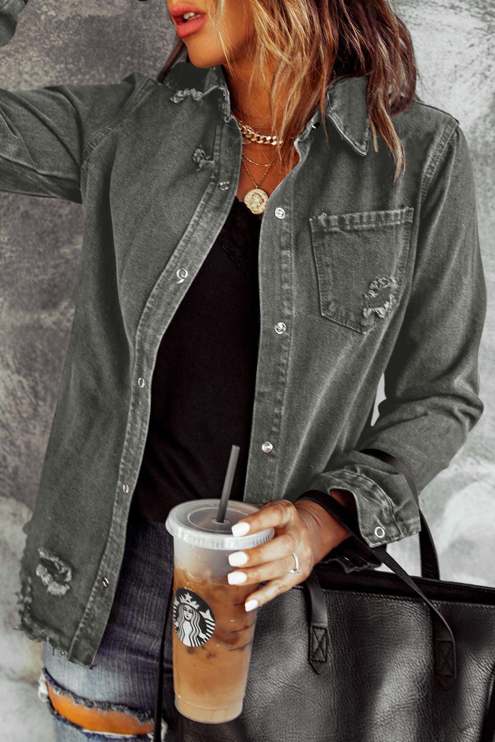 Distressed Raw Hem Snap Down Denim Jacket - House of Binx