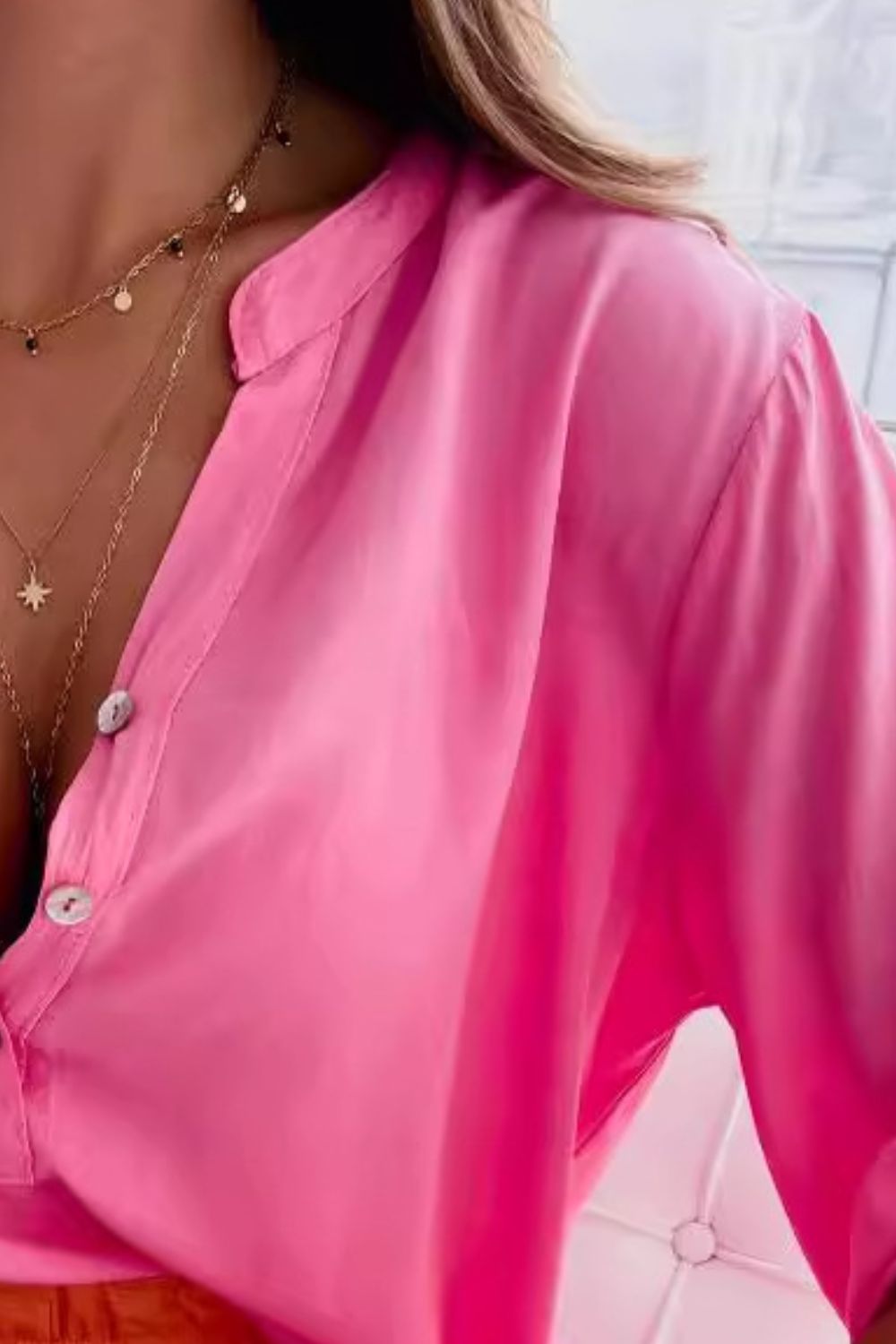 Half Button Notched Half Sleeve Blouse - House of Binx