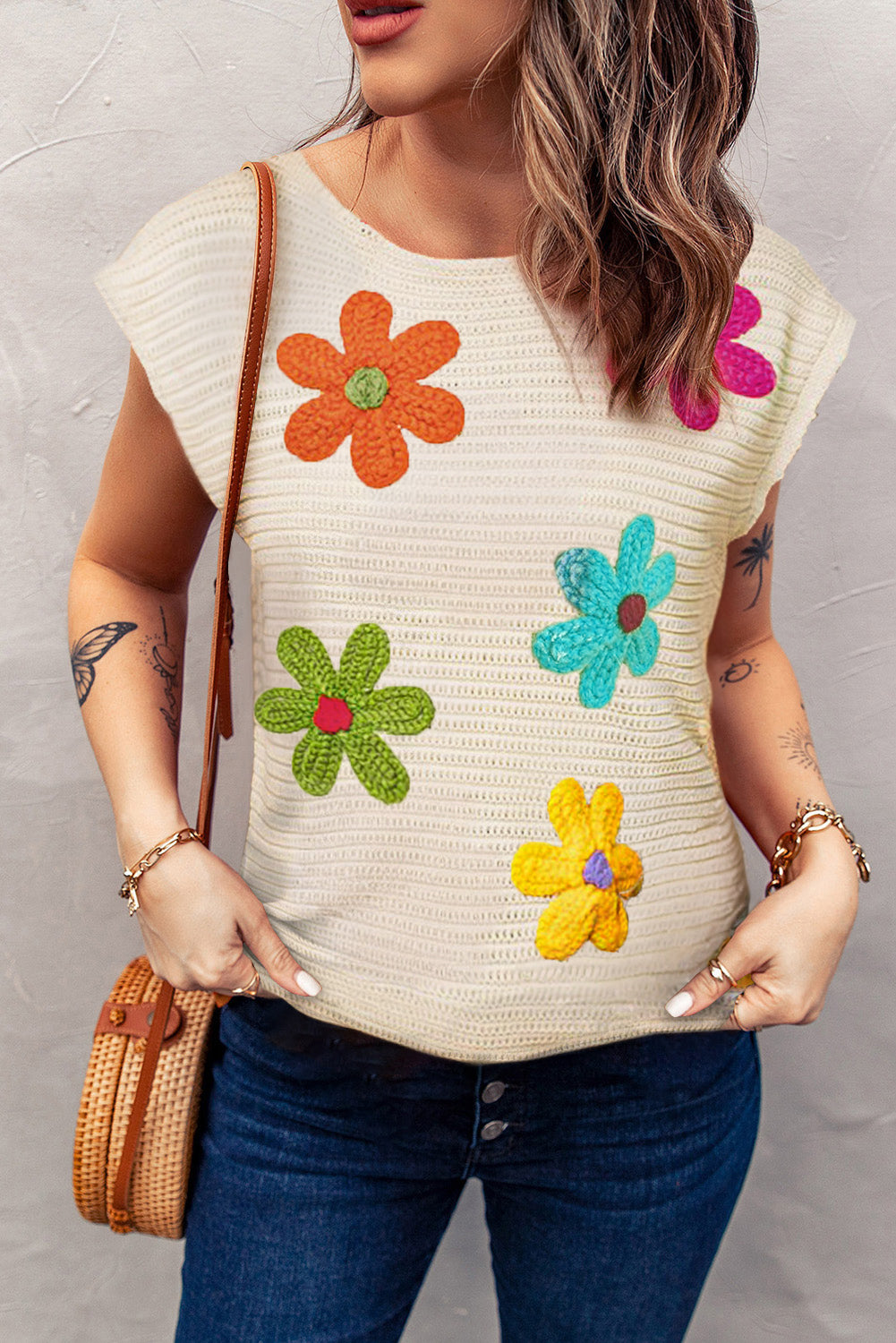 Flower Round Neck Cap Sleeve Knit Top - House of Binx