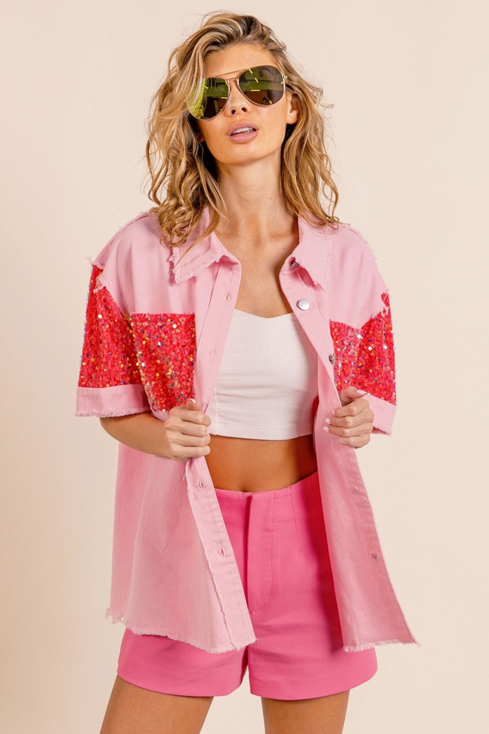 BiBi Sequin Detail Raw Hem Short Sleeve Shirt - House of Binx